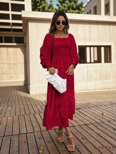 Lasaky - Chic Long Sleeve Dress with Shirred Ruffle Hem and Squared Neckline - Womens Casual Apparel Long Sleeve Ruched Midi Dress For The Beach, Squared Neckline, Womens Casual, Ruffle Hem, Sleeve Dress, Casual Women, Casual Outfits, Weaving, Long Sleeve Dress