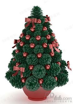 a pine cone christmas tree with red bows and balls on it's top is shown