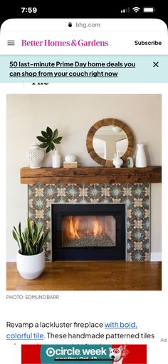 a fireplace with a mirror and potted plants on top