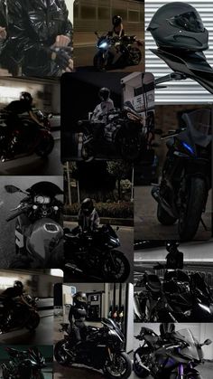 many different pictures of motorcycles in black and white colors, including one with a helmet on it