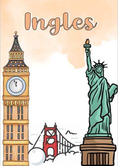 the statue of liberty stands in front of the golden gate bridge and the words ingles above it