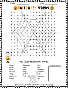 the halloween word search is shown in this printable worksheet for children to learn