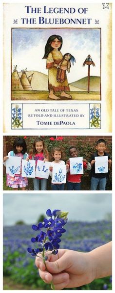 the legend of the bluebonnet is shown in three different pictures, and there are two