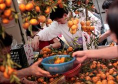 several people reaching for oranges in a bowl