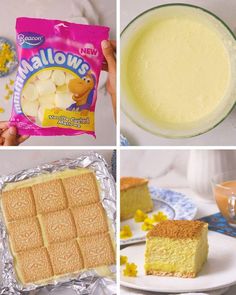 four pictures showing different types of desserts, including cake mix and marshmallows