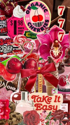 a collage of stickers, candy and candies