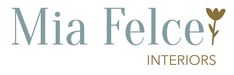 the mia felce interiors logo is shown in brown and gray letters on a white background