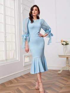 Azeul bebê elegante Collar Manga três quartos Poliéster Simples Bodycon Embellished Elasticidade Baixa Primavera / Verão Vestidos para Mulheres Party Wear Evening Gowns, Arabian Clothing, Gaun Koktail, Mermaid Midi Dress, Mode Abaya, Elegant Fabric, Summer Color, Flounce Sleeve, Hem Style