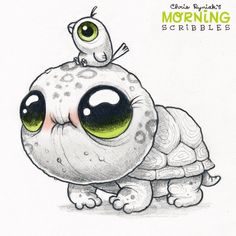 a drawing of a turtle with big eyes and a bird perched on it's back