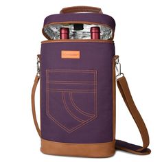 a wine bottle carrier with two bottles in it's pocket and strap around the neck