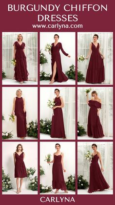 the burgundy chiffon bridesmaid dress is shown in many different styles and colors