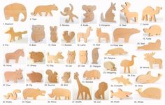 the wooden toy animals are all different shapes and sizes