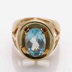 Vintage 14k Blue Topaz Oval Signet Ring Large Yellow Gold Estate Oval Signet Ring, Solitaire Setting, Signet Ring, Jewelry Designs, Solitaire Ring, Blue Topaz, Vintage Rings, Topaz, Rings For Men