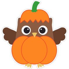 an owl with a pumpkin on it's head is sitting in front of a white background