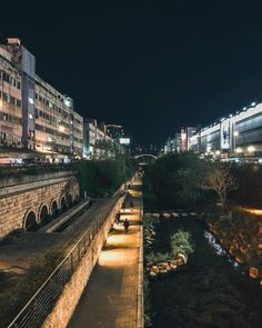 the city is lit up at night and there are many buildings along the river bank