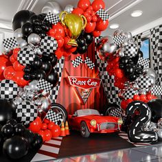 PRICES MAY VARY. Revealed! How to Make GIANT Balloon Garlands Just Like the Pros Everyone loves to throw a great Race Car themed party for their loved ones. We know that setting up decorations can be stressful and hard to manage, especially without the help of professionals. So, we set out to create an all-inclusive Race Car Balloon Garland Kit that is straightforward and easy to set up. Not only is it easy to assemble and create, but it looks JUST like the professionals, without the hefty price Race Car Two Fast Birthday, Cars Birthday Party Backdrop, Cars Theme 1st Birthday Party, Cars Theme Baby Shower Boys, Race Car Balloon Garland, Racecar Theme Birthday Party, Race Car Birthday Party Ideas Decoration, Nascar Decorations, Cars Theme Birthday Party Decorations