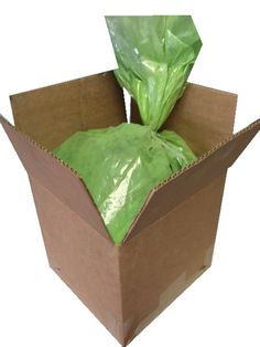 an open cardboard box with green plastic bags in it