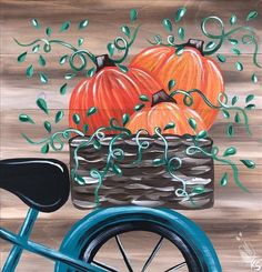 a painting of pumpkins in a basket on a bicycle