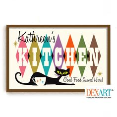 a kitchen sign with a black cat on it