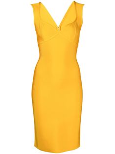 yellow sweetheart neck V-back pencil silhouette rear zip fastening sleeveless wide shoulder straps knee-length straight hem Elegant Yellow Midi Dress With Fitted Bodice, Elegant Yellow Bodycon Evening Dress, Elegant Yellow Bodycon Dress For Evening, Elegant Yellow Bodycon Dress, Elegant Yellow Sheath Midi Dress, Pencil Silhouette, Dress Yellow, Sweetheart Neck, Pencil Dress