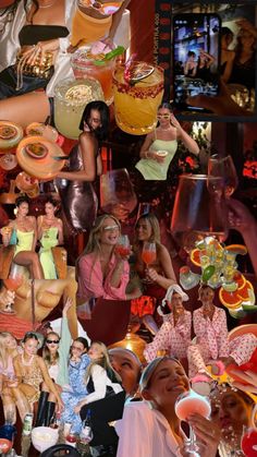 a collage of photos with people and food on them, including drinks in glasses