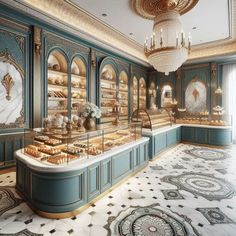 an ornately decorated bakery with blue walls and gold trimmings on the ceiling