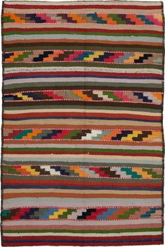 a multicolored striped rug with different colors and shapes on the bottom, in various sizes