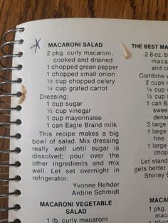 an open recipe book with instructions on how to make macaroni salad