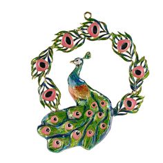 Enamel ornament of a peacock in a wreath of feathers Peacock Wreath, Peacock Ornaments, Peacock Gifts, Nature Gifts, Peacock Christmas, Bird Christmas Ornaments, Bird Christmas, Wreath Ornament, Peacock Pendant