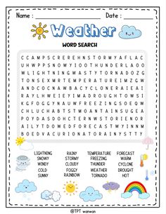 the weather word search is shown in this printable worksheet for children to learn