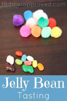 jelly bean tasting game for toddlers to play on the table with text overlay