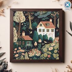 a cross stitch pattern with a house in the woods surrounded by plants and flowers on a white wall