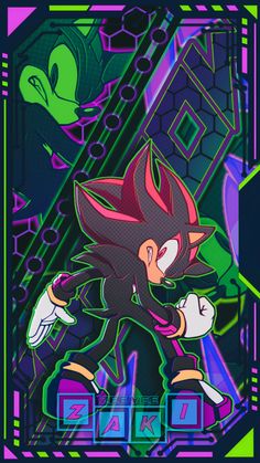 sonic the hedge character in front of a purple and green background