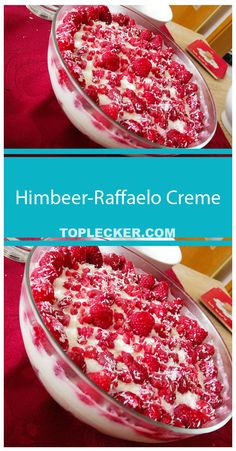 two pictures of raspberry creme in a glass dish on a red tablecloth