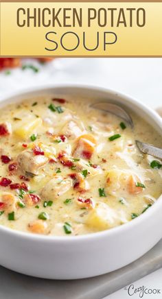 chicken potato soup in a cup with potatoes and bacon Chicken Potato Soup, Chicken Potato, Homemade Soup Recipe, Comfort Soup, Delicious Soup Recipes, Chicken Potatoes, Soup Dinner, Chicken Soup Recipes