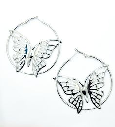 These stunning butterfly-shaped hoop earrings, available in both silver and gold, will add a touch of elegance and whimsy to any outfit. These meticulously crafted earrings are designed to make you feel confident, graceful, and captivating wherever you go. Silver Butterfly Jewelry For Pierced Ears, Trendy Butterfly-shaped Party Jewelry, Trendy Metal Butterfly Jewelry, Trendy Butterfly Jewelry For Parties, Elegant Butterfly Shape Metal Jewelry, Elegant Metal Butterfly Jewelry, Nickel-free Butterfly Jewelry For Party, Elegant Metal Jewelry With Butterfly Shape, Elegant Metal Butterfly Shaped Jewelry