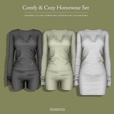 three women's clothing are shown in four different colors and sizes, with the words comfy & cozy homewear set