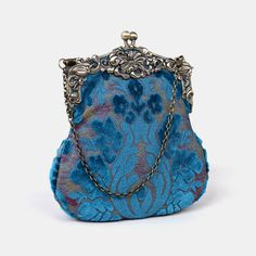 Burnout Velvet Aqua Blue Chatelaine Purse Large Retro Blue Bags For Formal Occasions, Elegant Blue Shoulder Bag Clutch, Formal Blue Handheld Evening Bag, Blue Shoulder Evening Bag For Gift, Elegant Blue Bags As Gifts, Elegant Blue Bags For Gifts, Blue Satchel Evening Bag, Blue Mobile Phone Evening Bag, Blue Rectangular Evening Bag For Mobile Phones