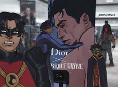 two cartoon characters standing next to each other in front of a sign that says dior and bruce nivye