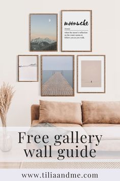 a living room with pictures on the wall and text overlay that reads free gallery wall guide