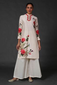 Shop for Balance by Rohit Bal White Chanderi Printed Kurta And Palazzo Set for Women Online at Aza Fashions Kurta And Palazzo, Fabric Painting On Clothes, Rohit Bal, White Kurta, Palazzo Set, Pants Fit, Painted Clothes, Indian Fashion Designers, Kurta Designs