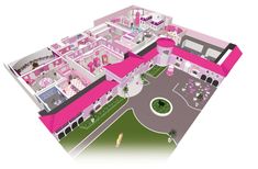 the inside of a large pink house with lots of rooms