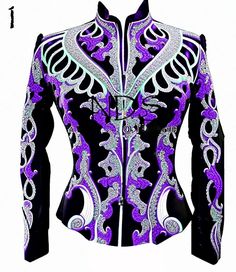 a purple and black jacket with white designs on it