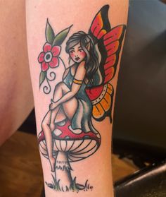 Fairy And Toadstool Tattoo, Earthy Traditional Tattoo, Trad Mushrooms Tattoo, Traditional Tattoos Fairy, Traditional Style Fairy Tattoo, Trad Lady Tattoo, Old School Fairy Tattoo, American Traditional Lady Tattoo, Pin Up Doll Tattoos