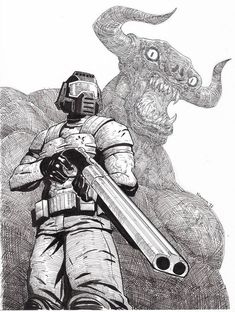 a black and white drawing of a man holding a giant object next to a demon