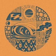 an orange background with blue and white designs in the shape of waves, clouds, and sun