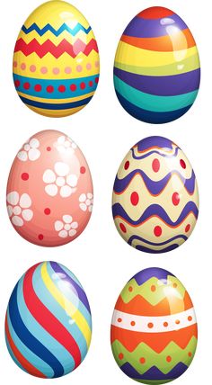 six different colored easter eggs on a white background