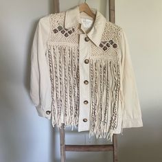 **There Is A Small Stain On The Front Fringe (See Photos). I Haven’t Tried To Get It Out Because I Don’t Want To Take The Tags Off. Price Reflects. Vintage Zara Long Sleeve Outerwear, Zara Vintage Long Sleeve Outerwear, Zara Vintage Spring Outerwear, Zara Vintage Outerwear For Spring, Spring Cream Outerwear With Fringe, Spring Cream Fringe Outerwear, Cream Fringe Outerwear For Spring, Fitted Beige Outerwear For Festivals, Zara Fitted Cotton Outerwear