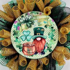 a st patrick's day wreath with green and gold decorations