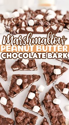 marshmallow peanut butter chocolate bark on a white platter with text overlay